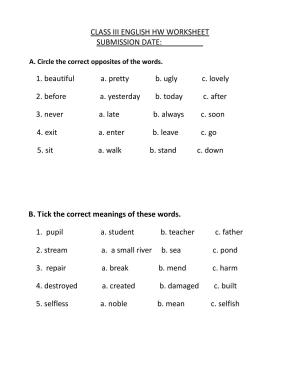 Worksheet for Class 3 English Opposites Assignment