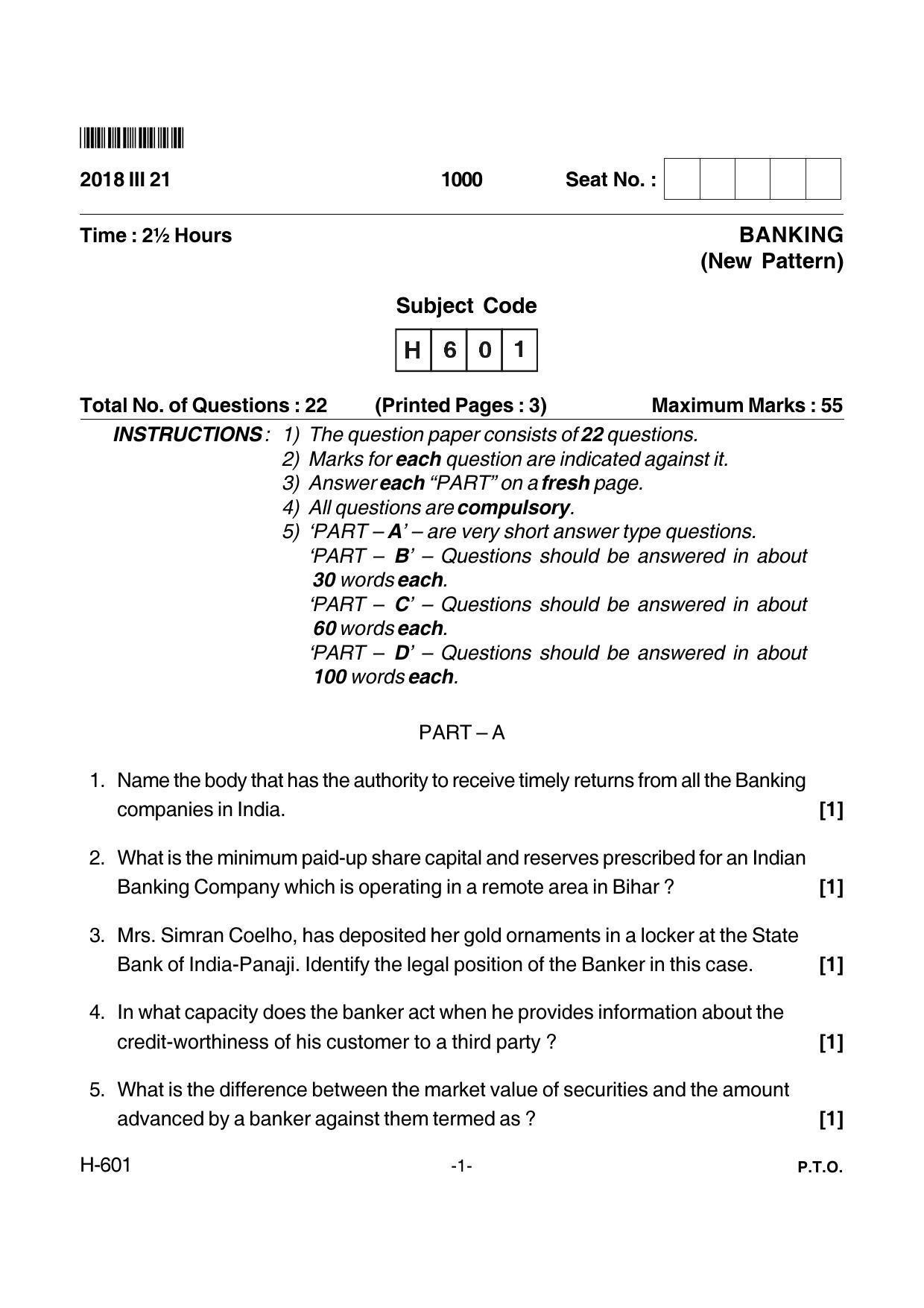Goa Board Class 12 Banking 601 New Pattern (March 2018) Question Paper - Page 1