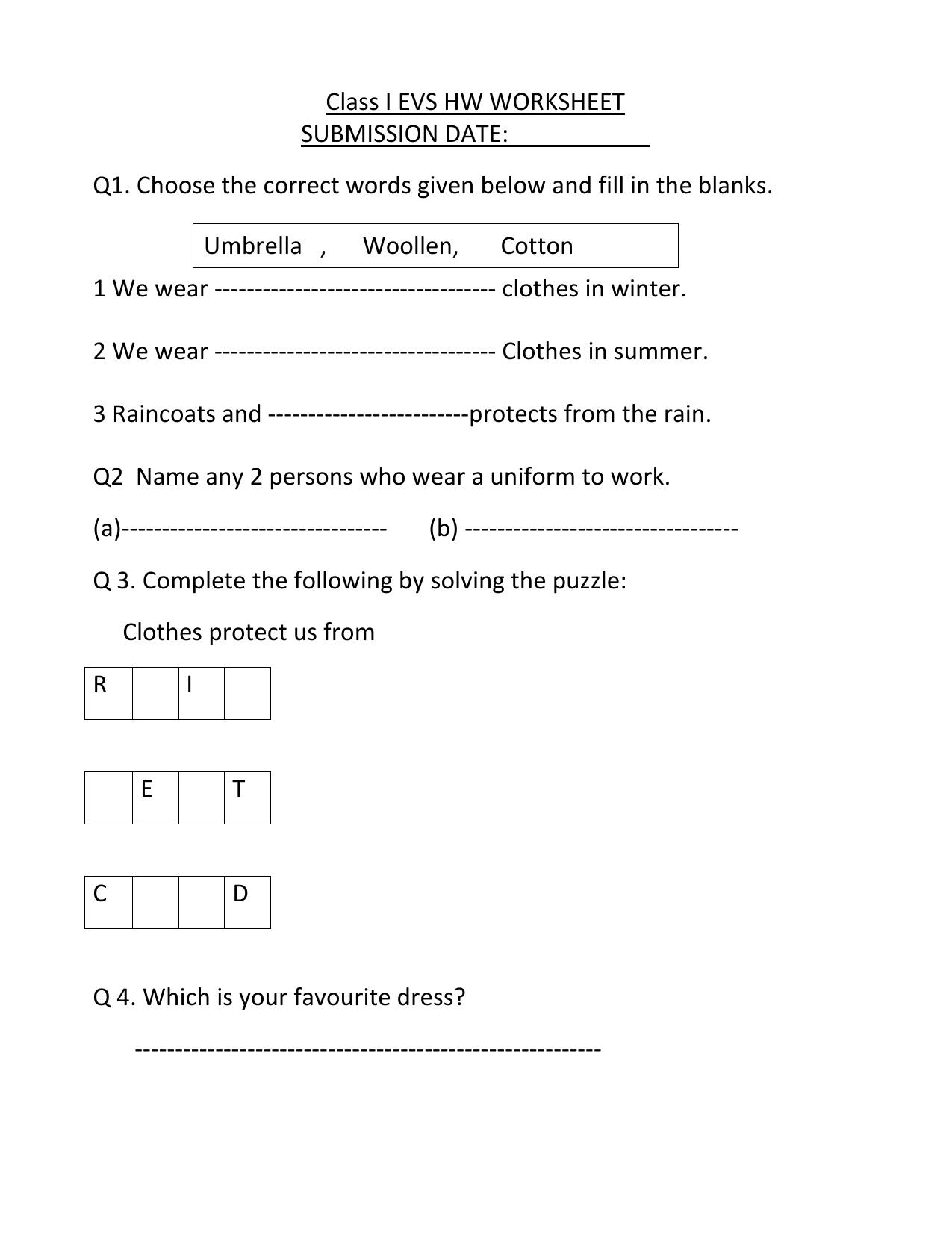 Worksheet for Class 1 EVS Assignment 13 - Page 1