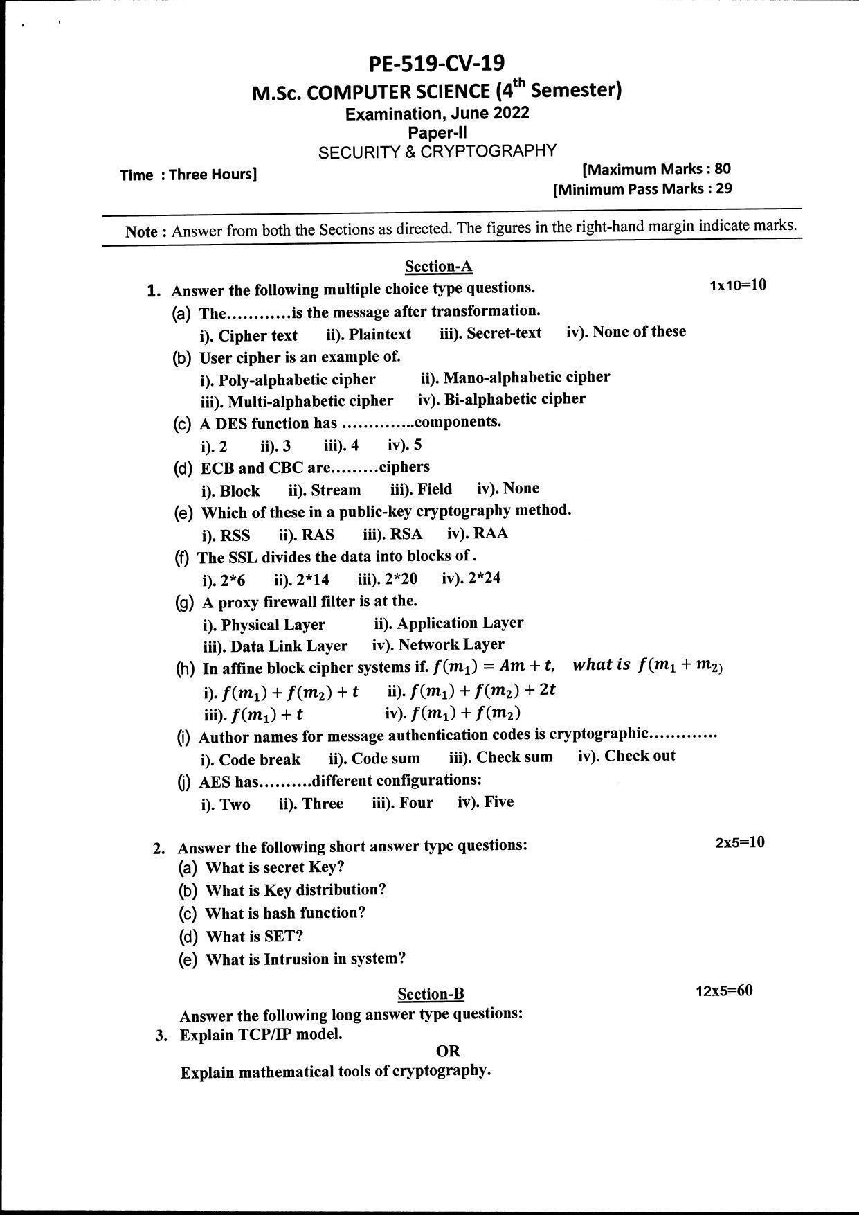 Bilaspur University Question Paper June 2022:M.Sc. Computer Science (Fourth Semester) Security And Cryptography Paper 1 - Page 1