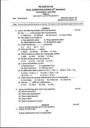 Bilaspur University Question Paper June 2022:M.Sc. Computer Science (Fourth Semester) Security And Cryptography Paper 1