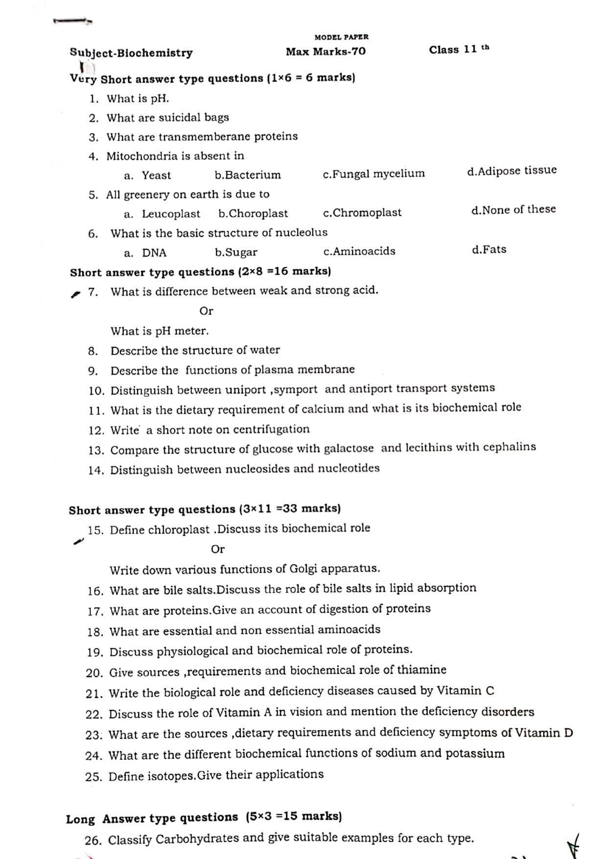 JKBOSE Class 11 Biochemistry Model Question Paper 2023 - Page 1