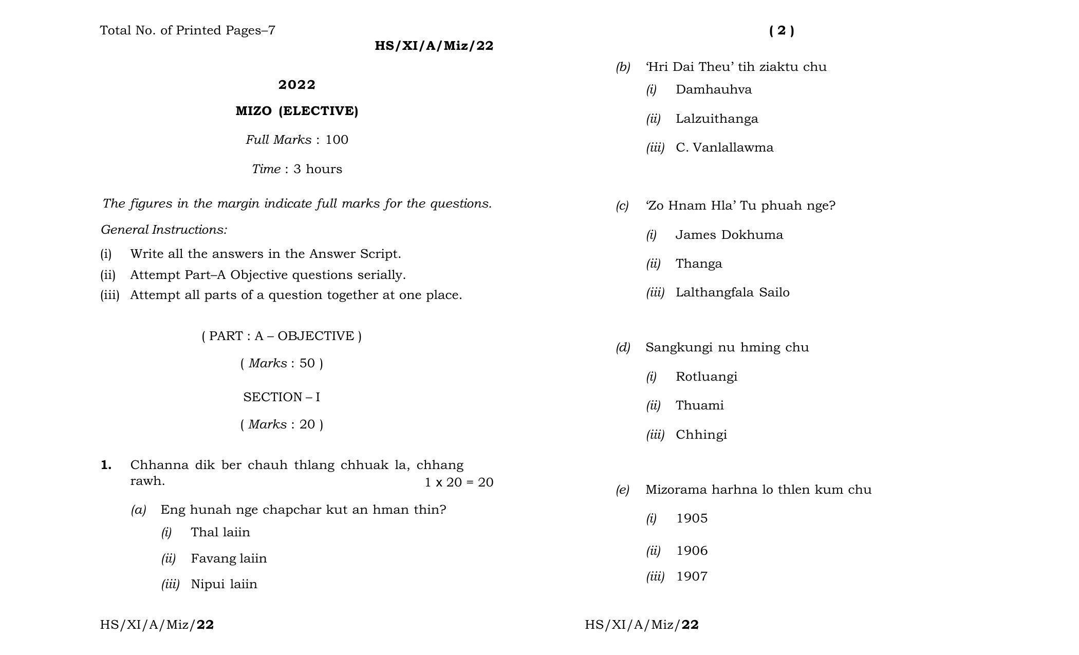 Meghalaya Board (MBOSE) Class 11 Mizo Elective (theory) 2022 Question Paper - Page 1