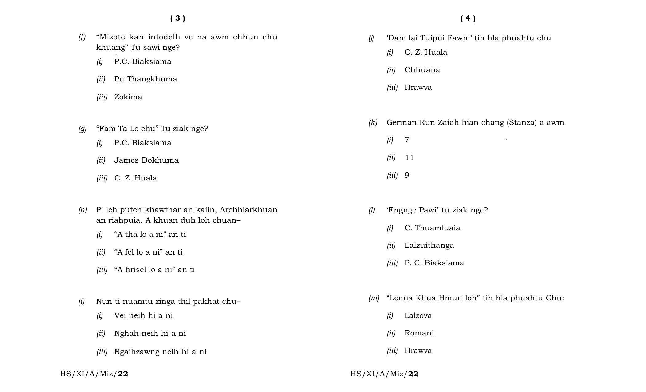 Meghalaya Board (MBOSE) Class 11 Mizo Elective (theory) 2022 Question Paper - Page 2