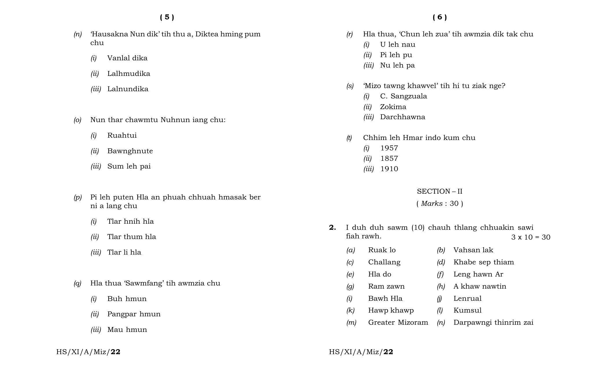 Meghalaya Board (MBOSE) Class 11 Mizo Elective (theory) 2022 Question Paper - Page 3