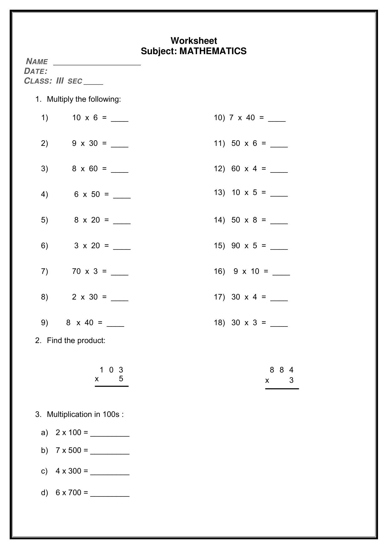 Worksheet for Class 3 Mathematics Assignment 3 - Page 1
