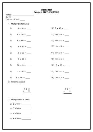 Worksheet for Class 3 Mathematics Assignment 3