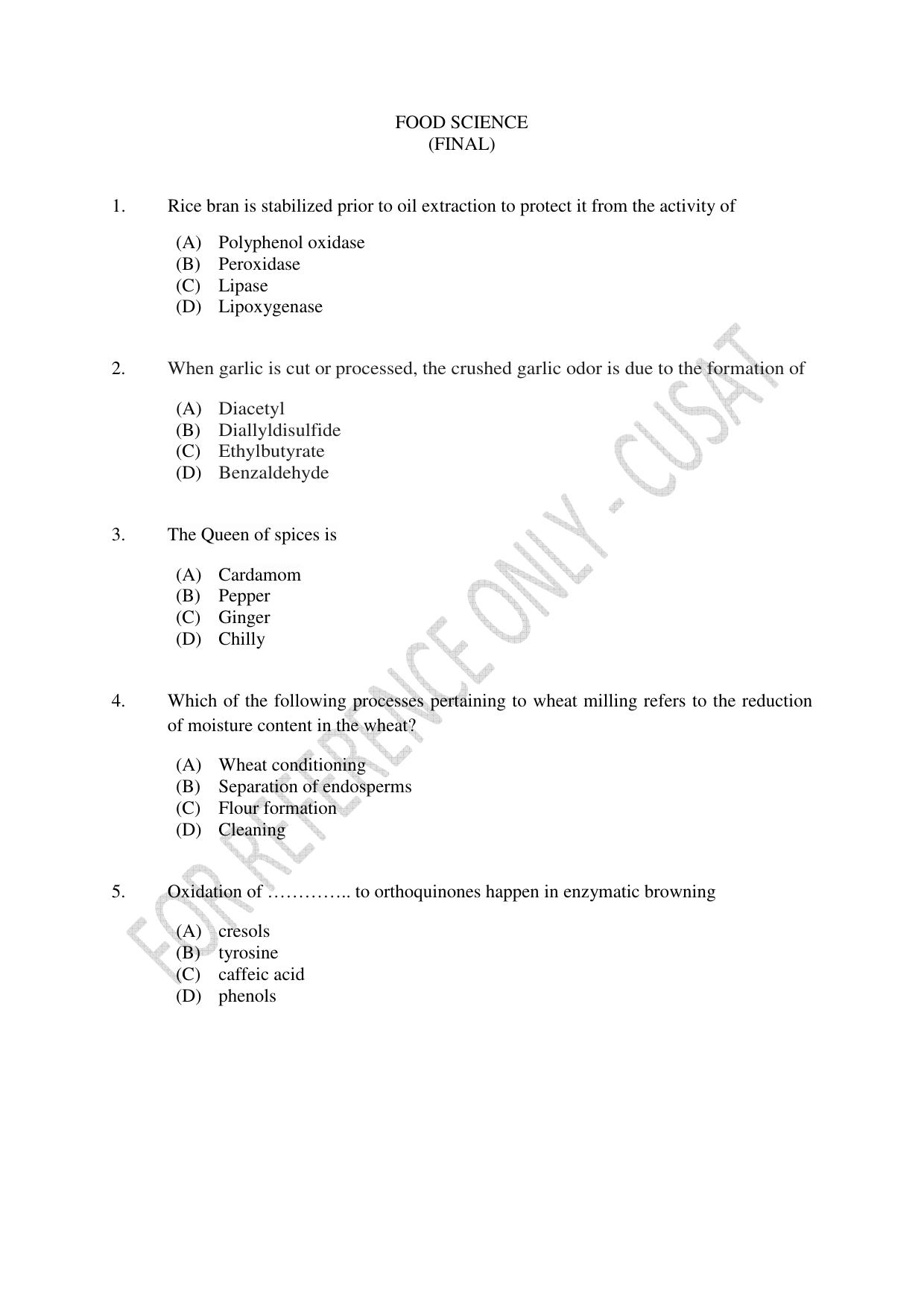 CUSAT CAT 2023 FOOD SCIENCE Question Paper - Page 1