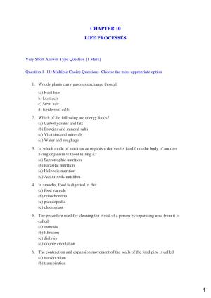 JKBOSE Class 10 LIFE PROCESSES Question Bank