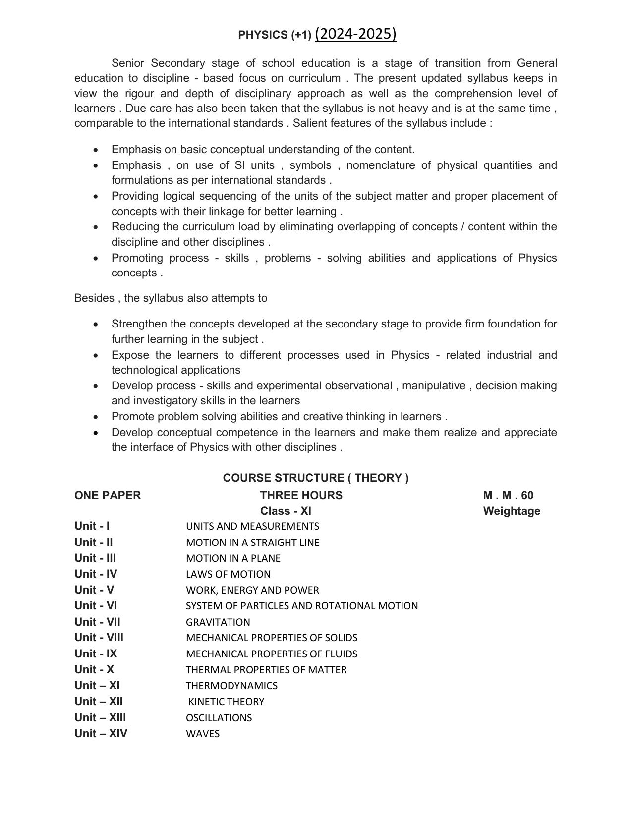 HP Board Class 11th Syllabus for Physics - Page 1