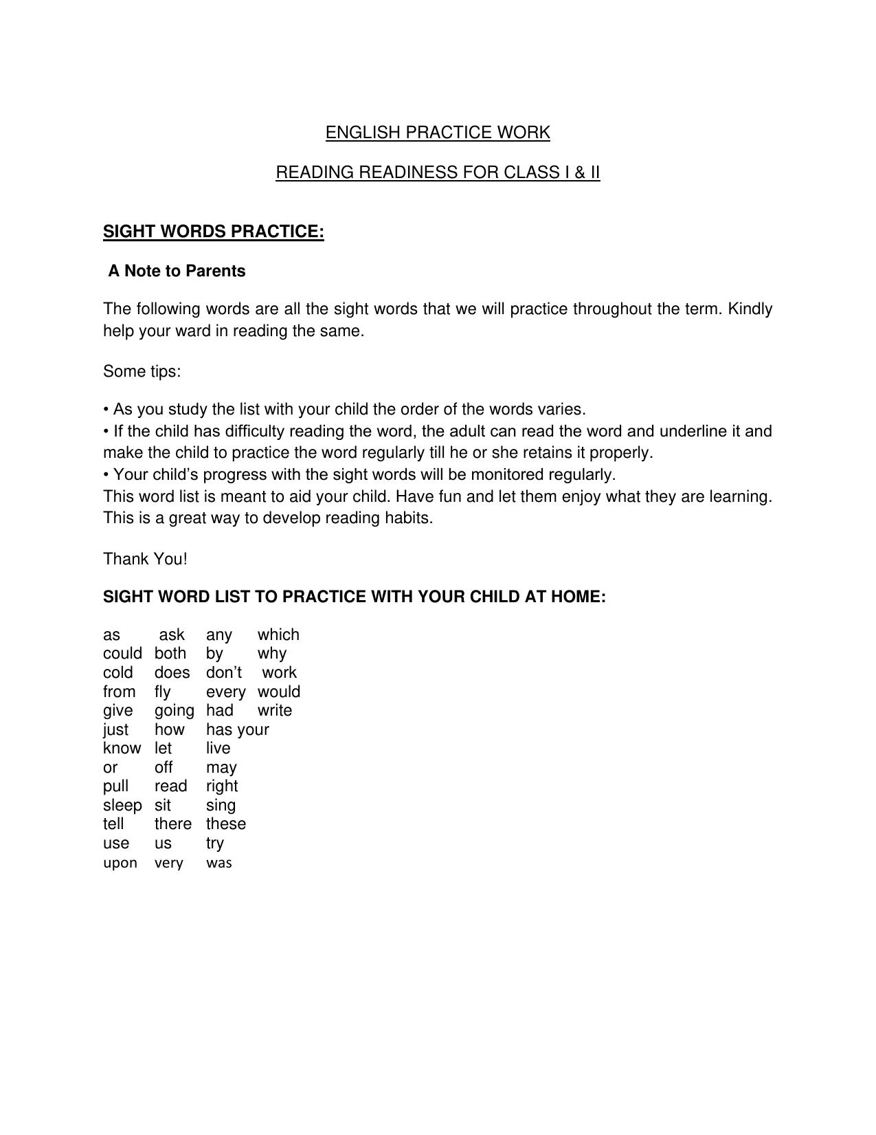 Class 1 English Practice Worksheets-Sight Words - Page 1