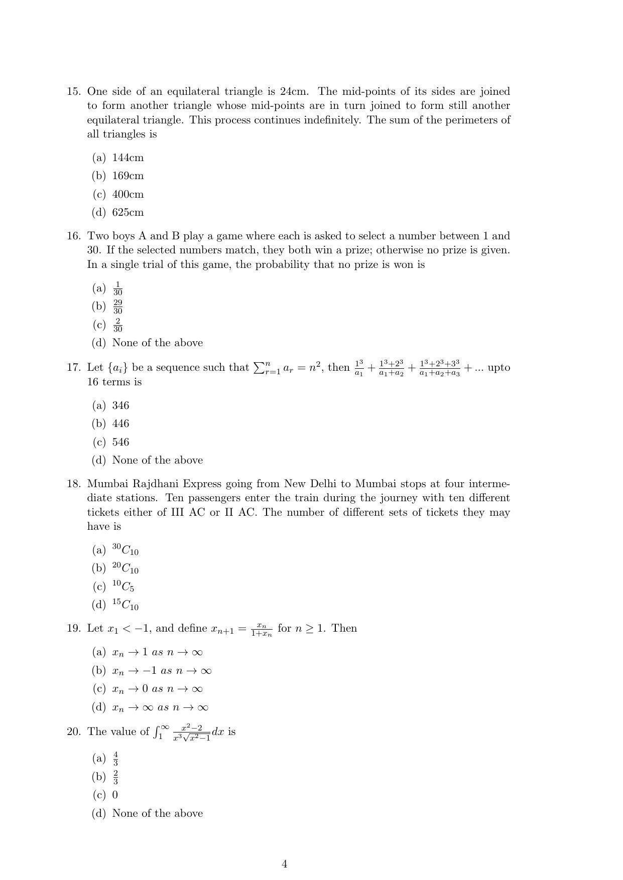 ISI Admission Test M.S.(QMS) QMA 2016 Sample Paper - Page 4