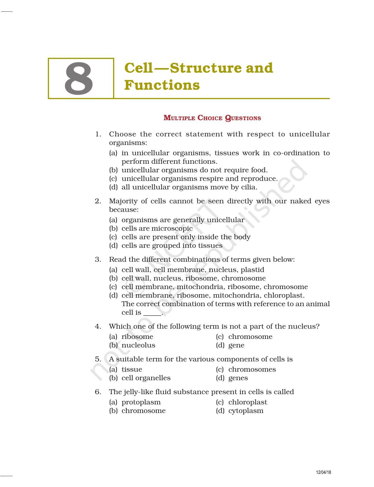 NCERT Exemplar Book for Class 8 Science: Chapter 8- Cell—Structure and Functions - Page 1