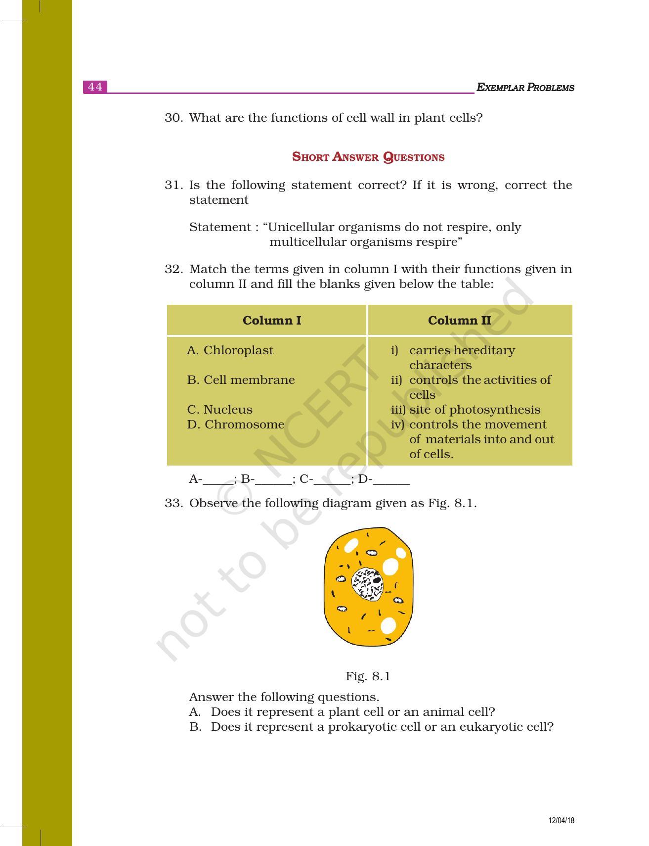 NCERT Exemplar Book for Class 8 Science: Chapter 8- Cell—Structure and Functions - Page 5