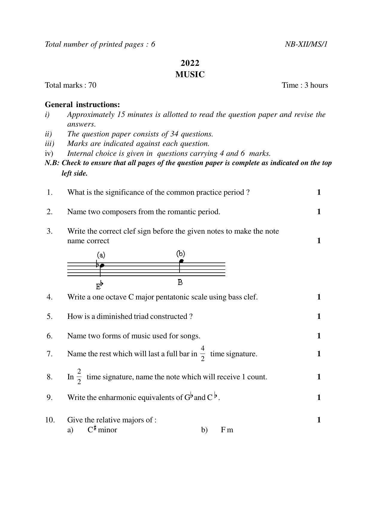 Nagaland Board Class 12 Music 2022 Question Paper - Page 1