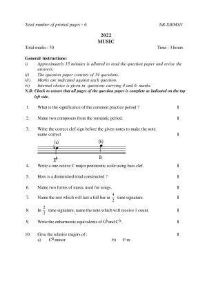 Nagaland Board Class 12 Music 2022 Question Paper