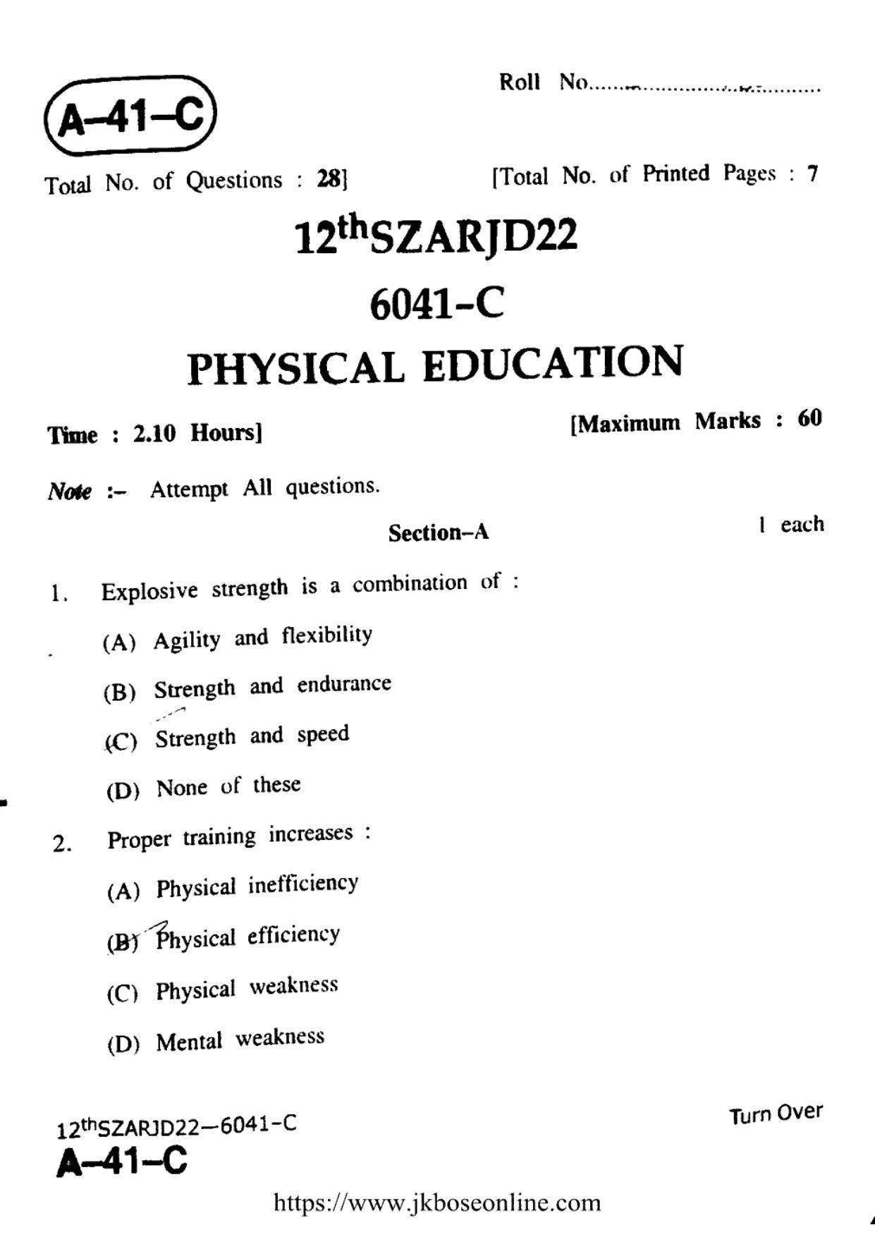 JKBOSE Class 12 Physical-Education 6041-C Question Papers 2022 - Page 1