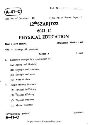 JKBOSE Class 12 Physical-Education 6041-C Question Papers 2022