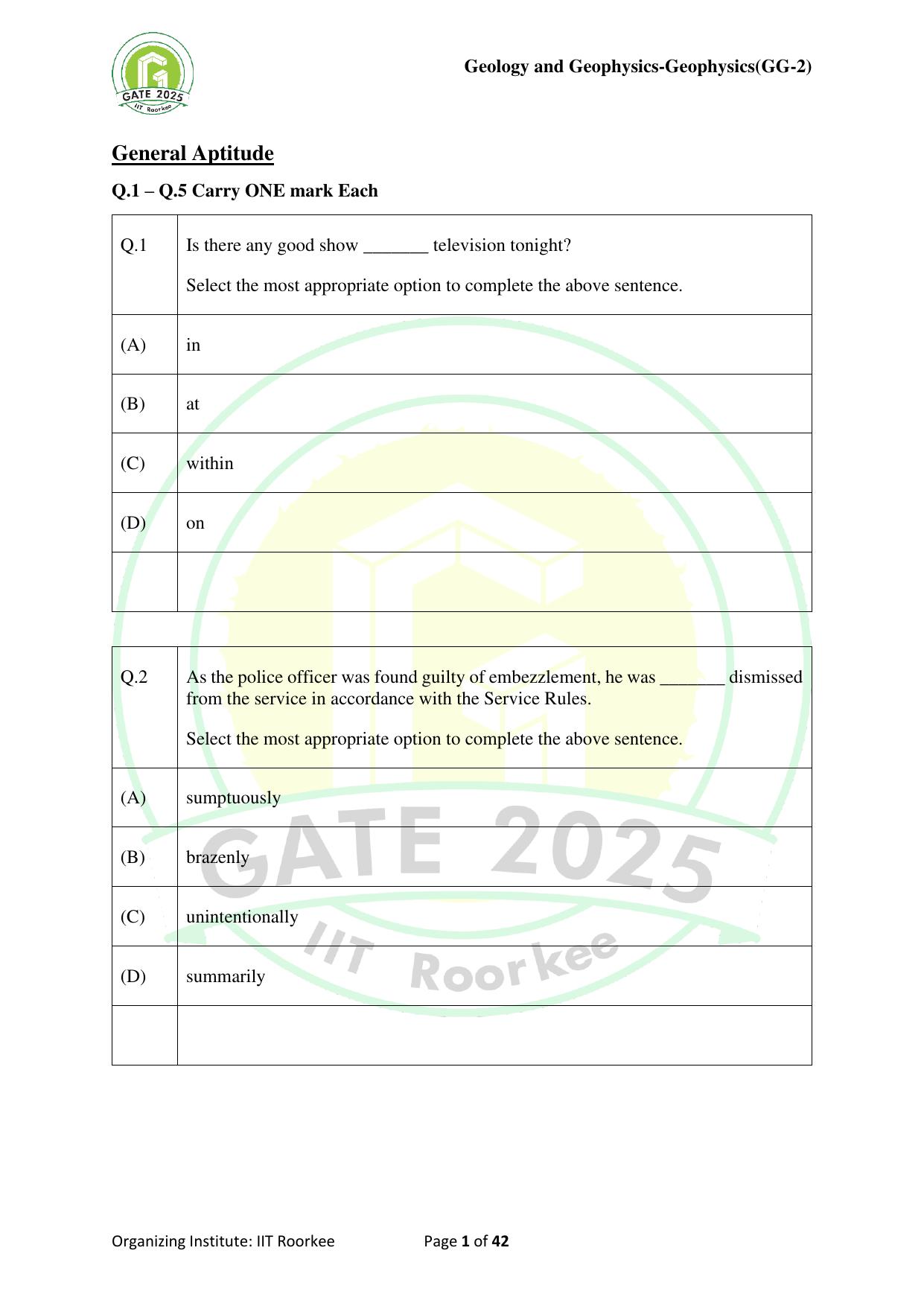 GATE 2025 Geology and Geophysics - Geophysics (GG-2) Question Paper - Page 1