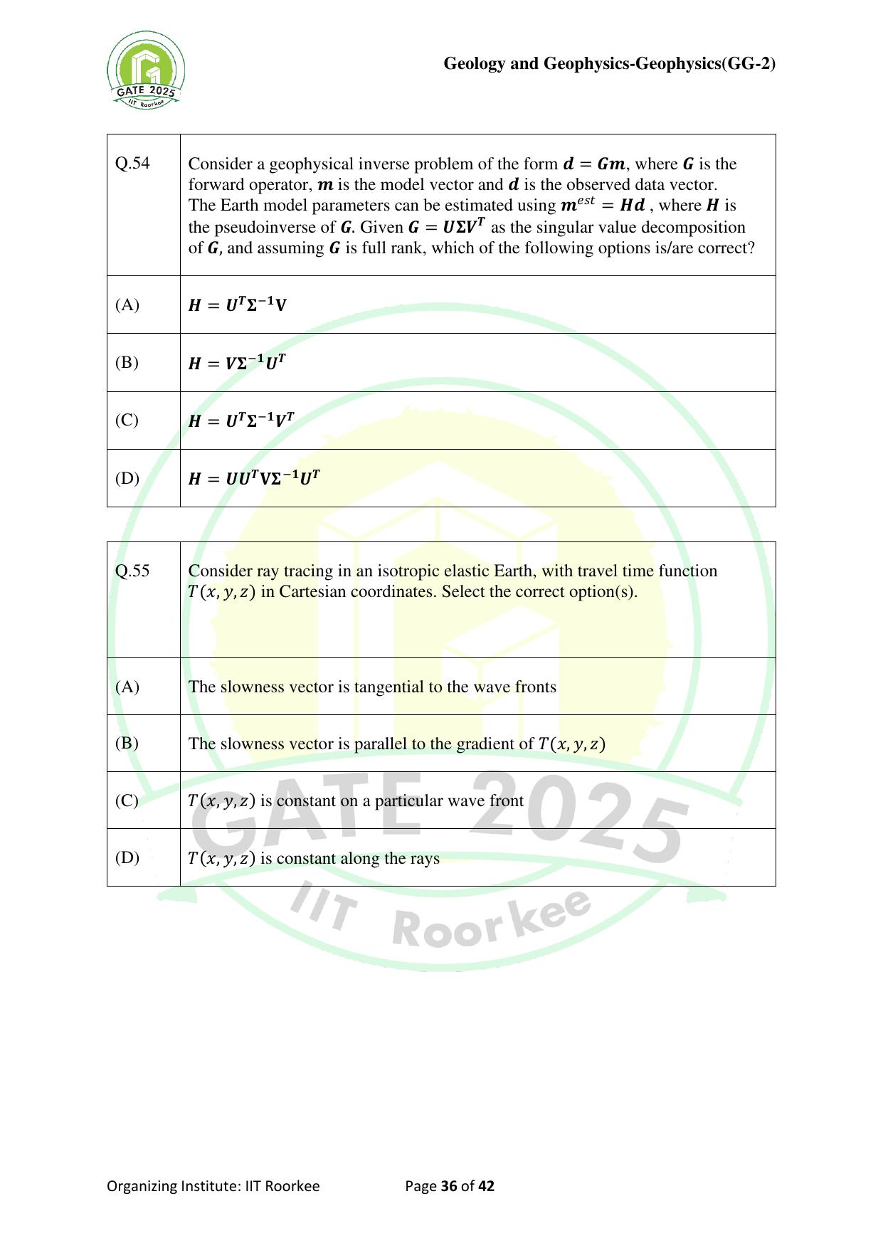 GATE 2025 Geology and Geophysics - Geophysics (GG-2) Question Paper - Page 36