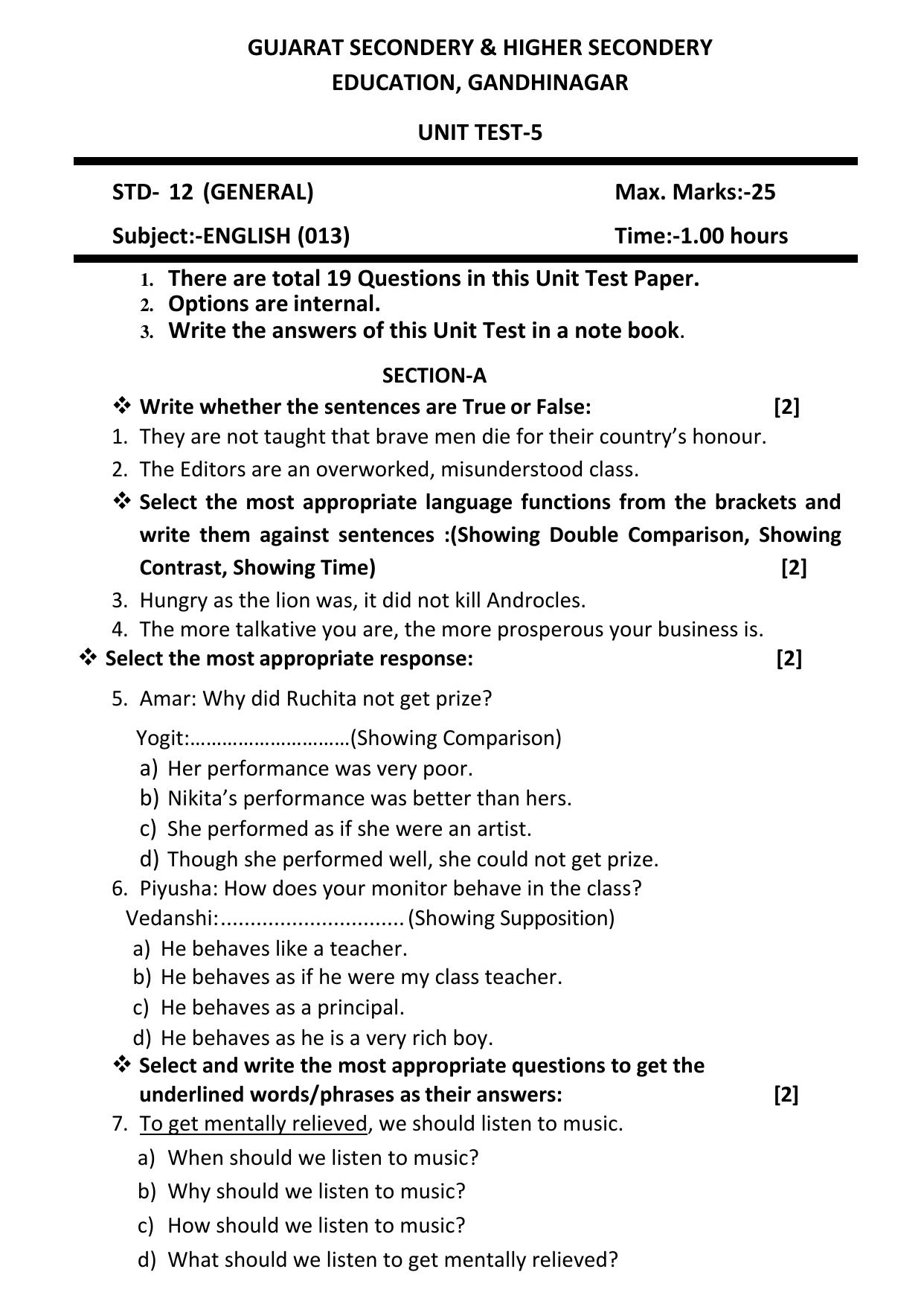 Gujarat Board Class 12th Question Paper 2020: અંગ્રેજી (013)-12 - Page 1