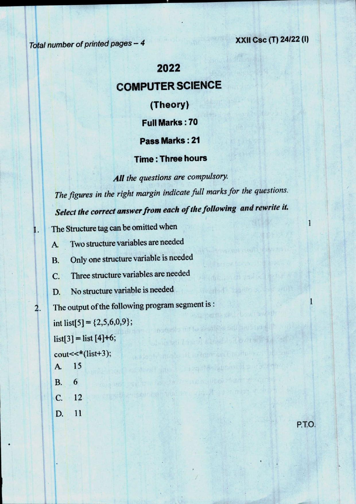 COHSEM 12th Question Papers Improvement 2022 Computer Science - Page 1