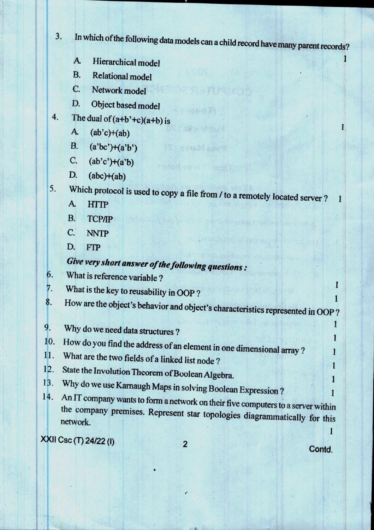 COHSEM 12th Question Papers Improvement 2022 Computer Science - Page 2