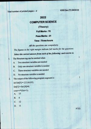 COHSEM 12th Question Papers Improvement 2022 Computer Science