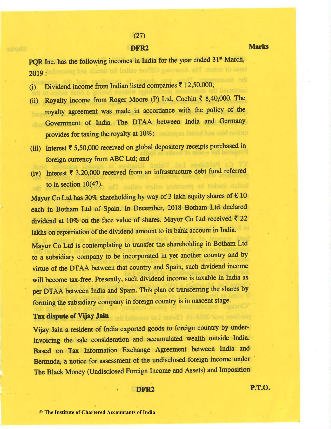CA Final May 2019 Question Paper - Paper 6C – International Taxation - Page 27
