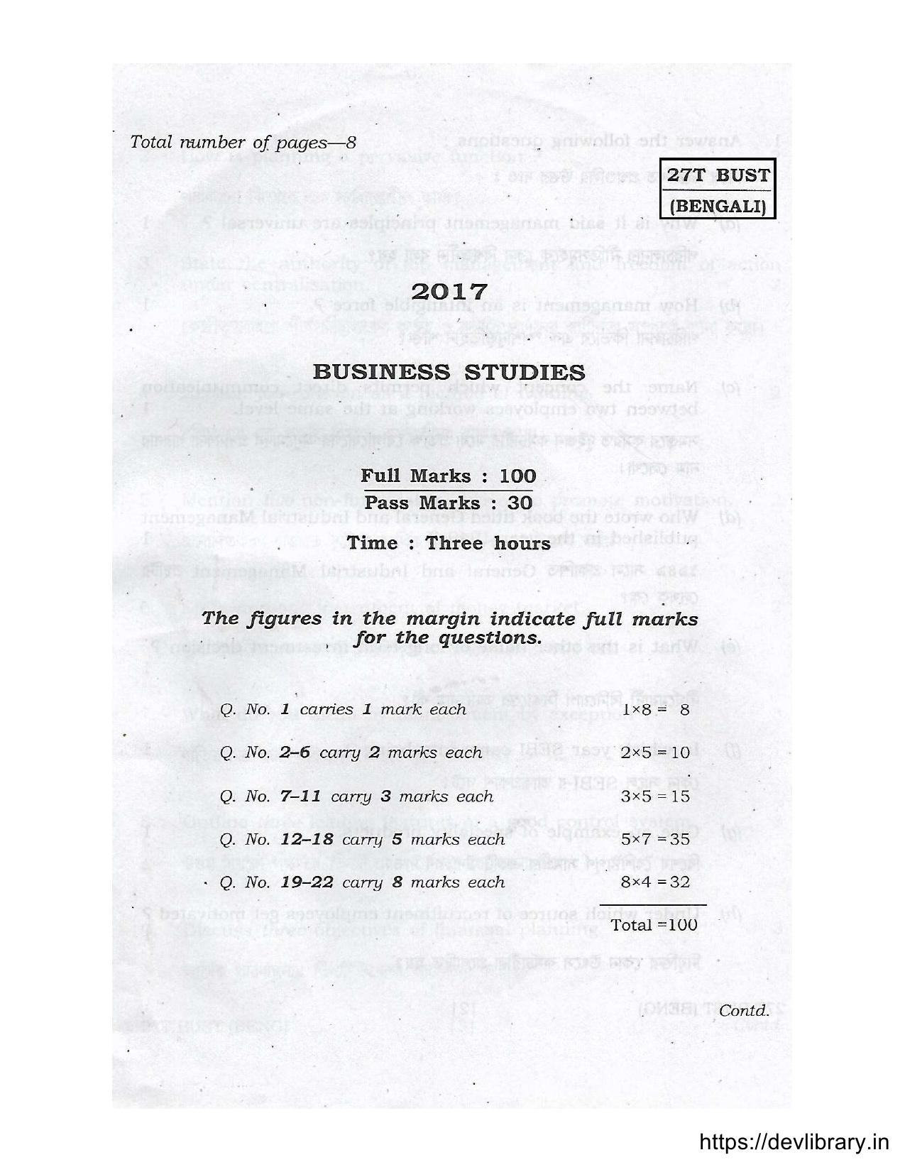Assam HS 2nd Year Business Studies 2017 Question Paper - Page 1
