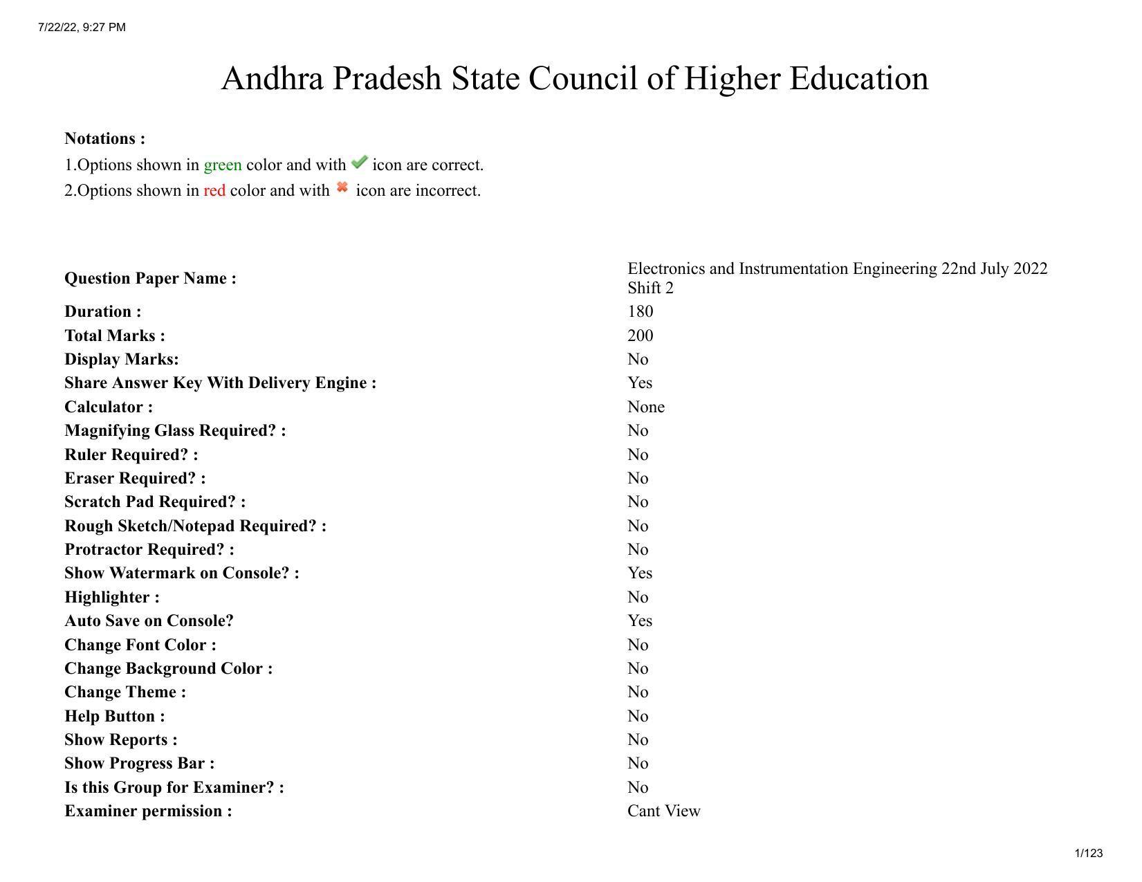 AP ECET 2022 - ELECTRONICS AND INSTRUMENTATION ENGINEERING Question Paper With Preliminary Keys  - Page 1