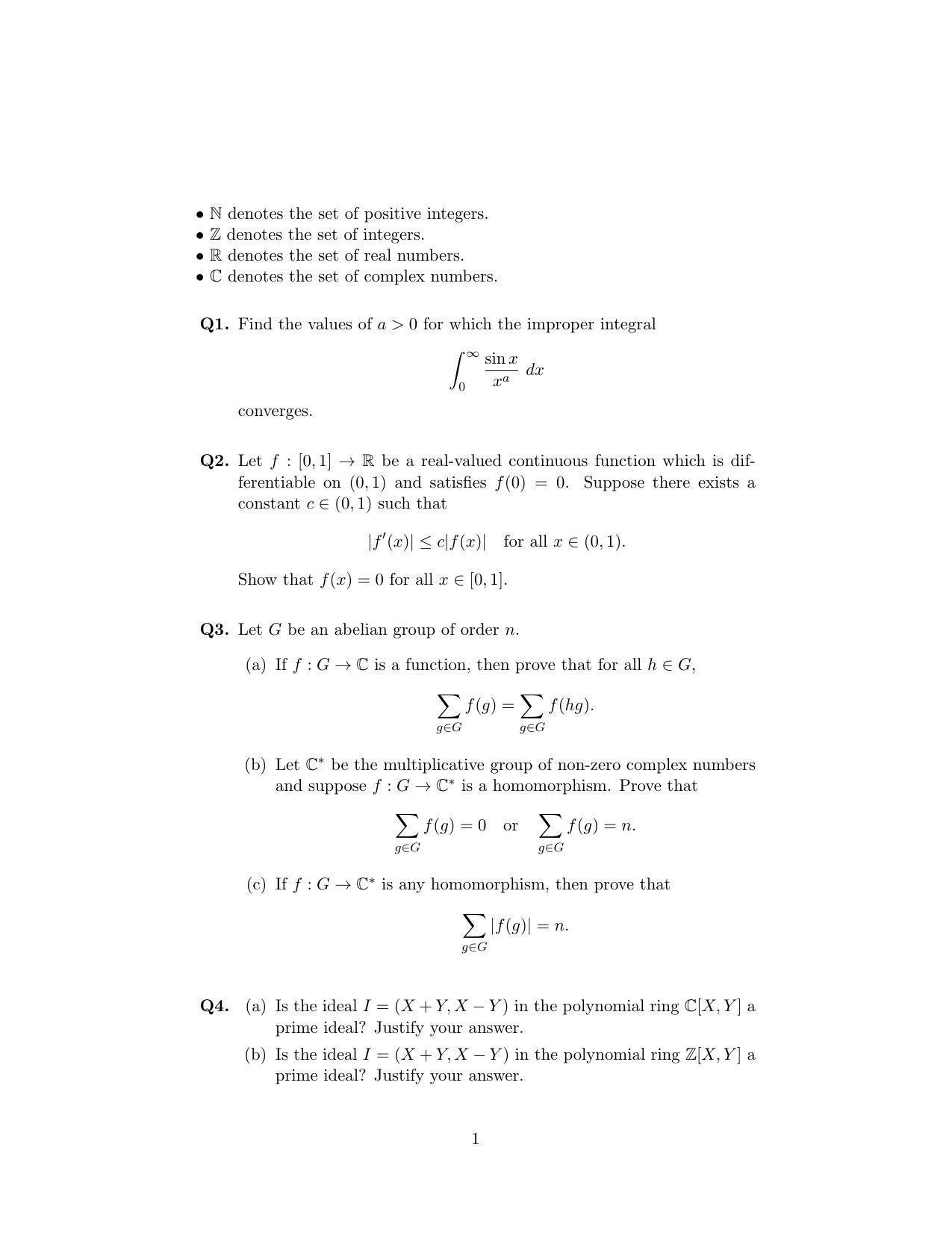 ISI Admission Test M.Math. PMB 2018 Sample Paper - Page 1