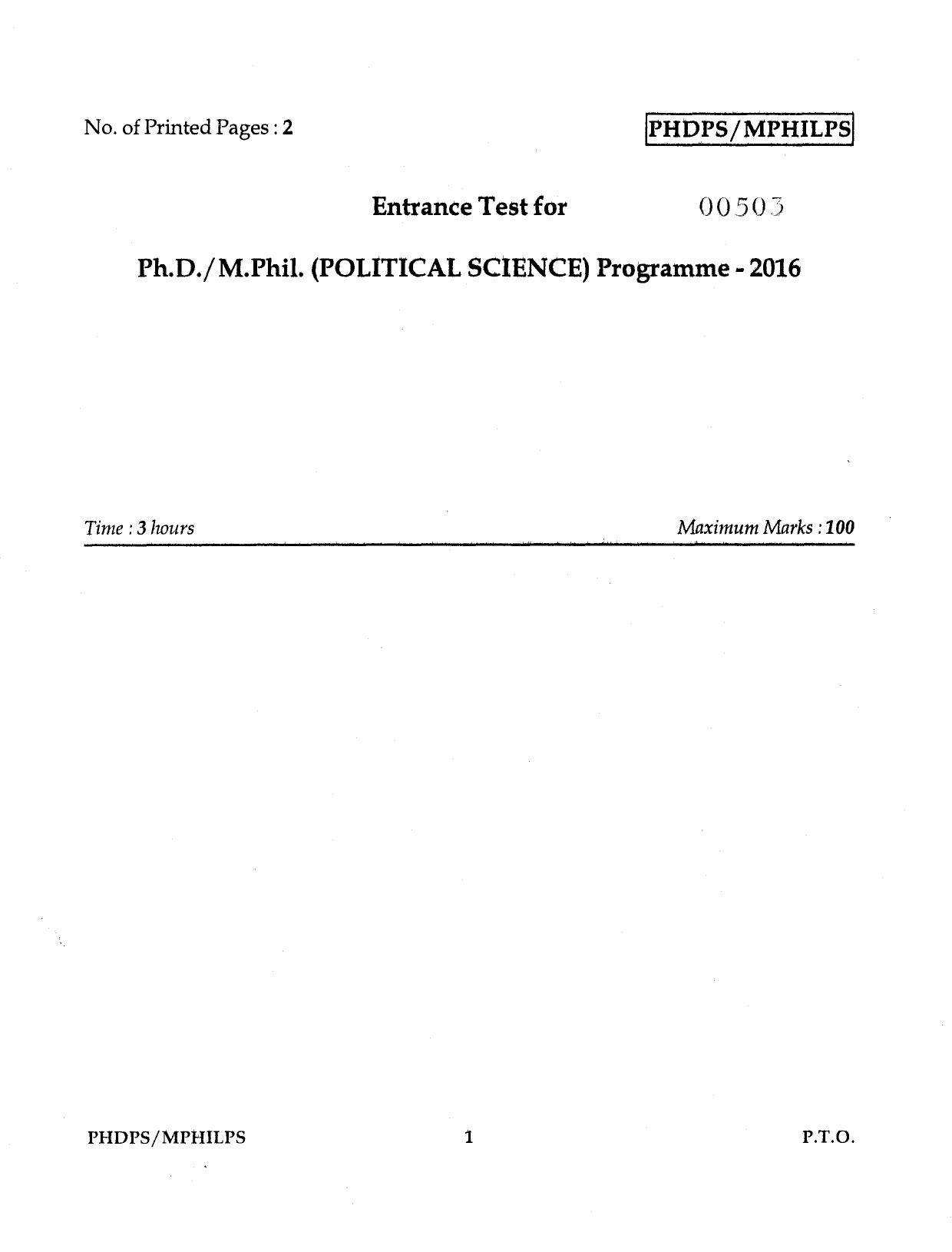 IGNOU PhD Entrance Test Ph.D./M.Phil. (Political Science) 2016 Question Paper - Page 1