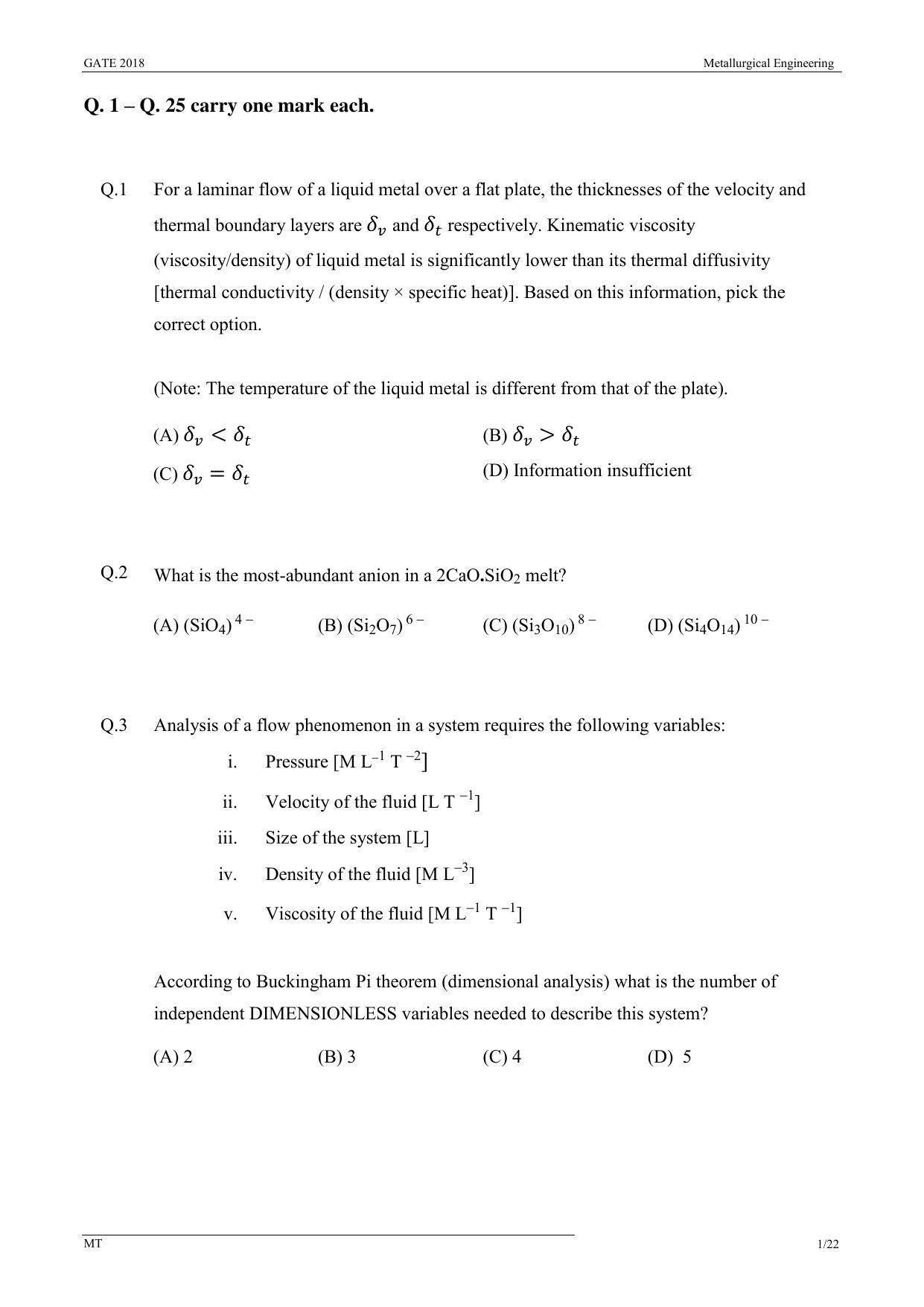 GATE 2018 Metallurgical Engineering (MT) Question Paper with Answer Key - Page 3