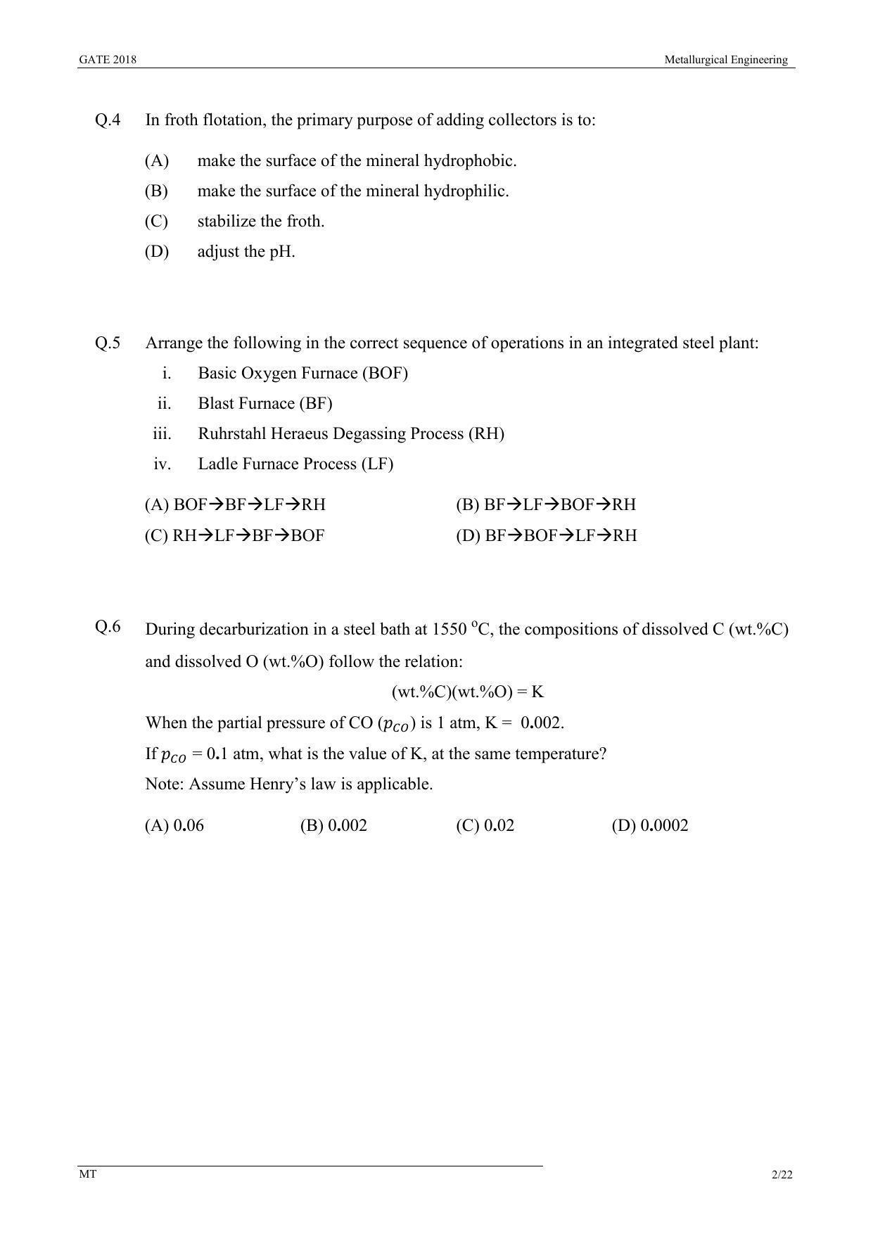 GATE 2018 Metallurgical Engineering (MT) Question Paper with Answer Key - Page 4