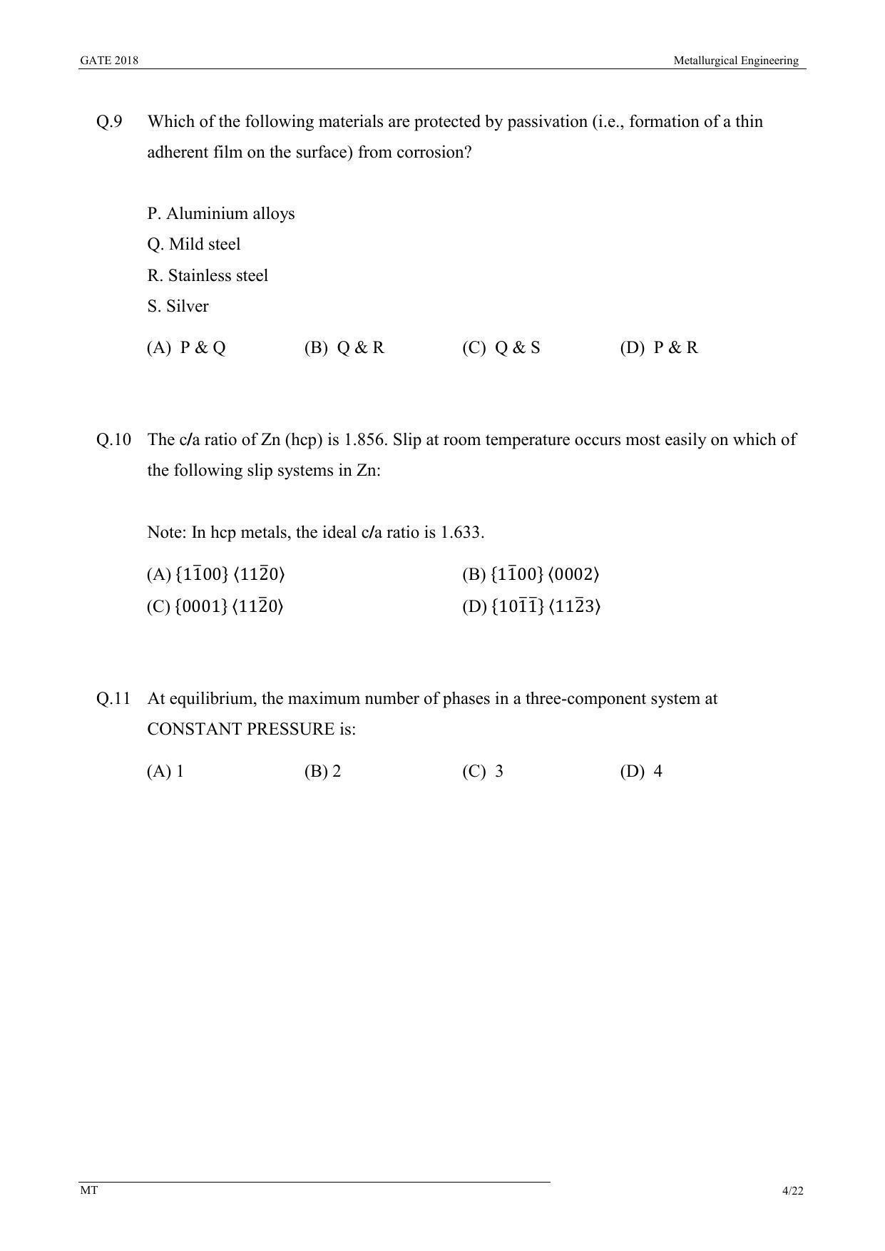 GATE 2018 Metallurgical Engineering (MT) Question Paper with Answer Key - Page 6