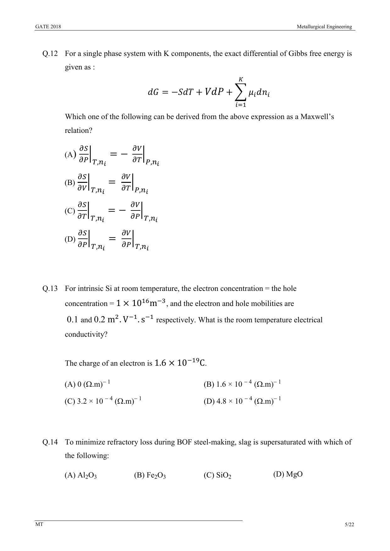 GATE 2018 Metallurgical Engineering (MT) Question Paper with Answer Key - Page 7