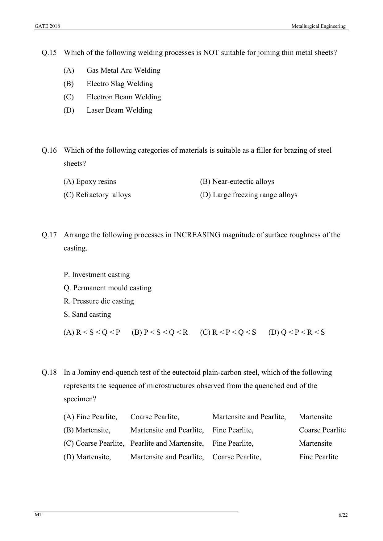 GATE 2018 Metallurgical Engineering (MT) Question Paper with Answer Key - Page 8