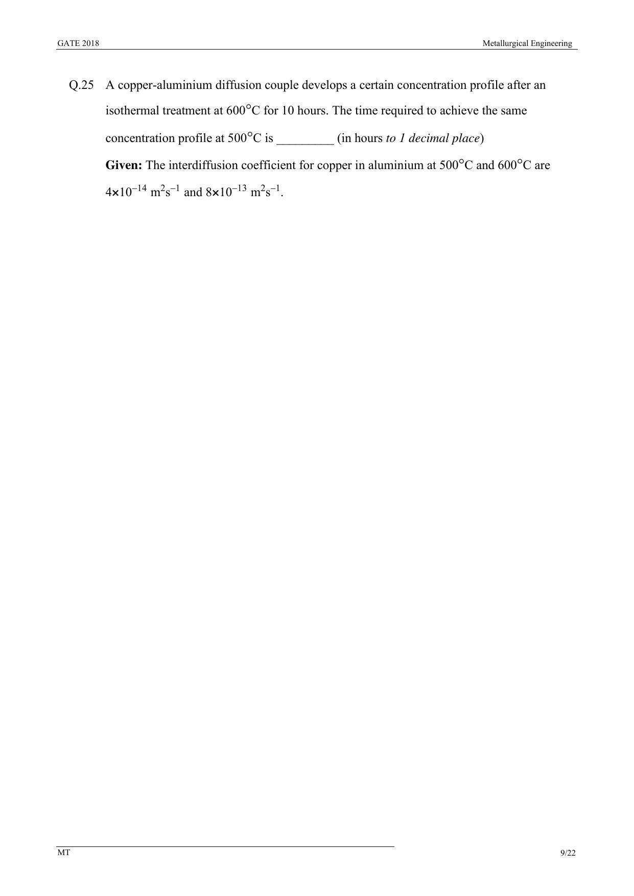 GATE 2018 Metallurgical Engineering (MT) Question Paper with Answer Key - Page 11