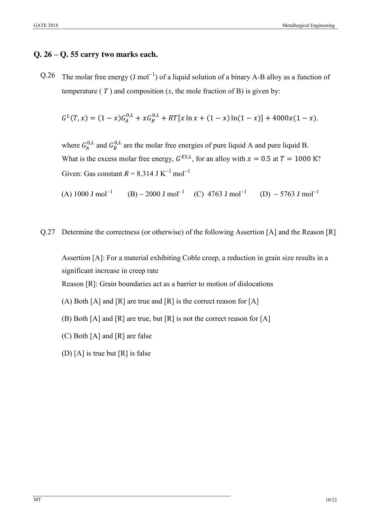 GATE 2018 Metallurgical Engineering (MT) Question Paper with Answer Key - Page 12