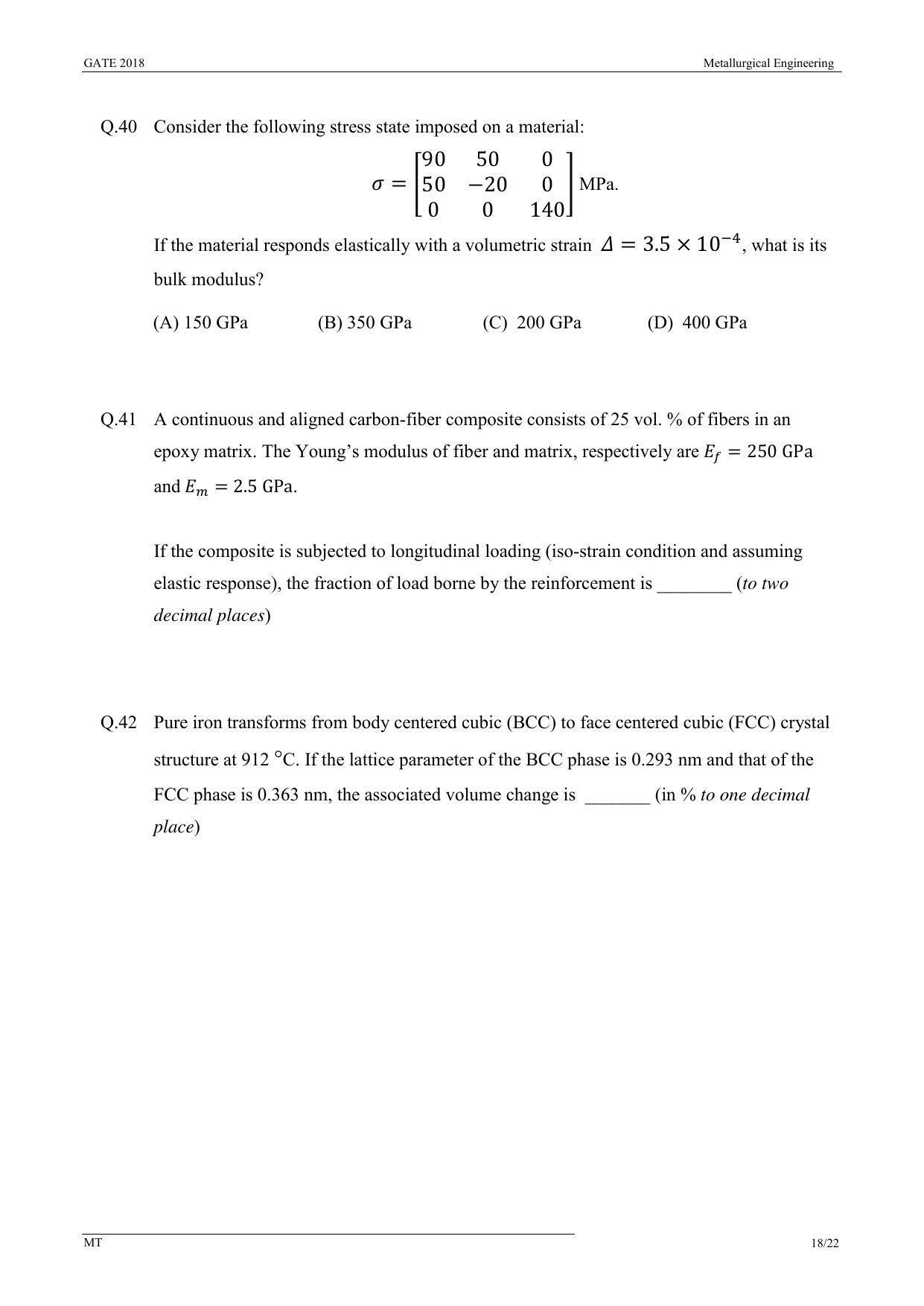 GATE 2018 Metallurgical Engineering (MT) Question Paper with Answer Key - Page 20