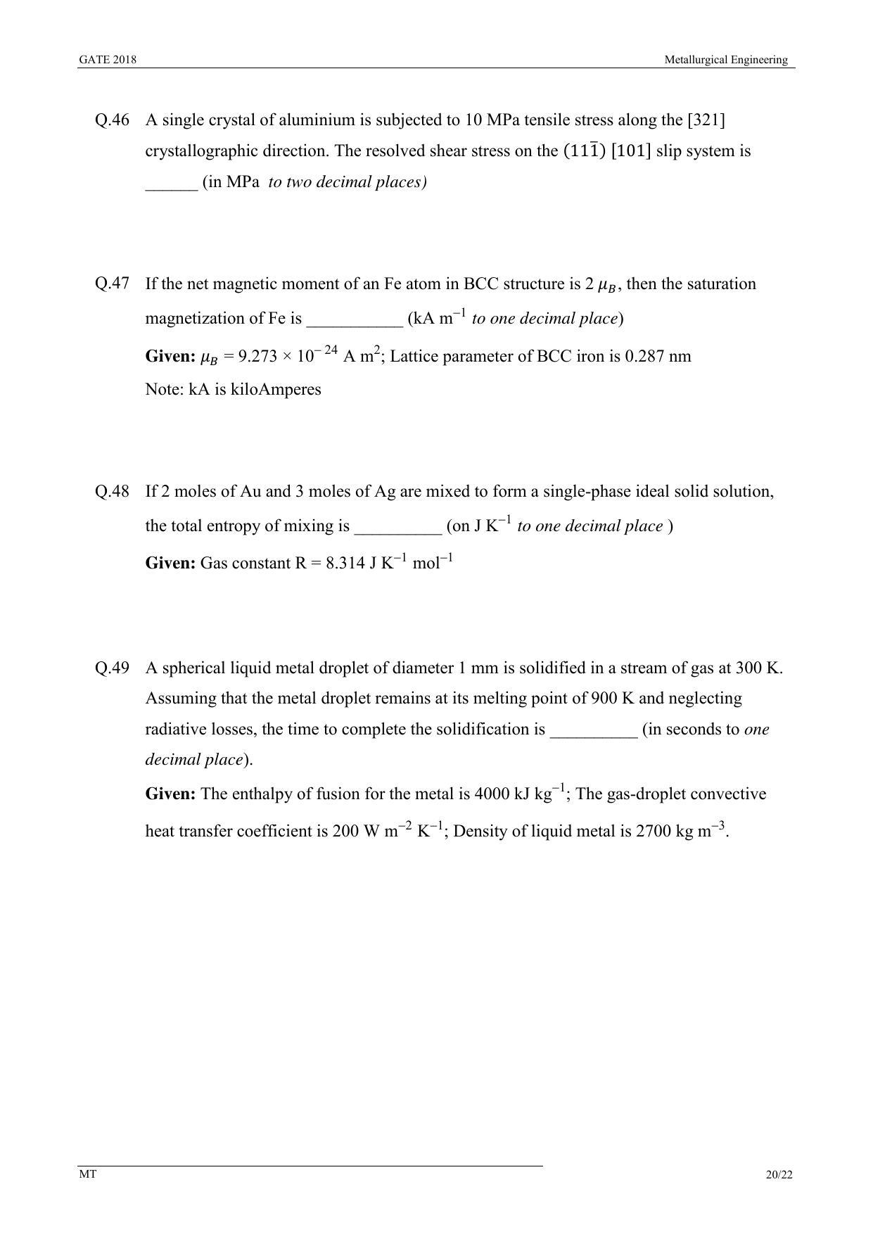 GATE 2018 Metallurgical Engineering (MT) Question Paper with Answer Key - Page 22
