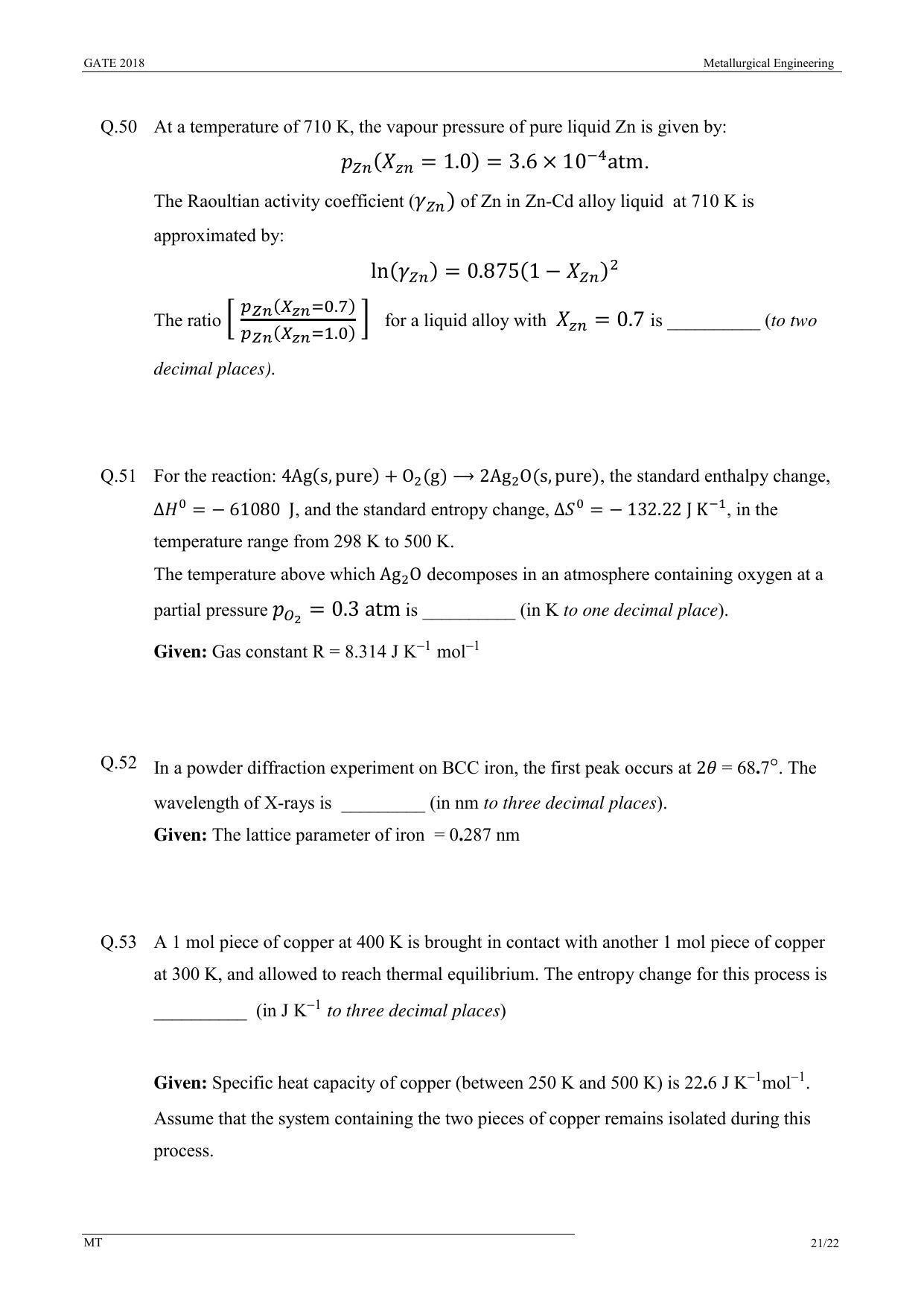 GATE 2018 Metallurgical Engineering (MT) Question Paper with Answer Key - Page 23