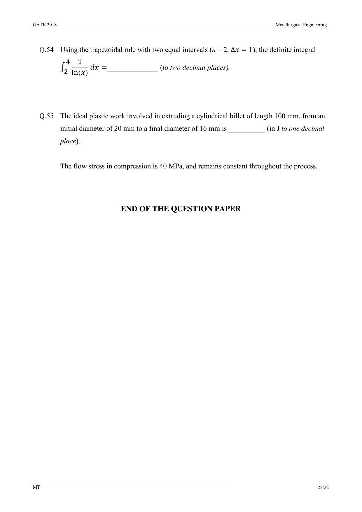 GATE 2018 Metallurgical Engineering (MT) Question Paper with Answer Key - Page 24