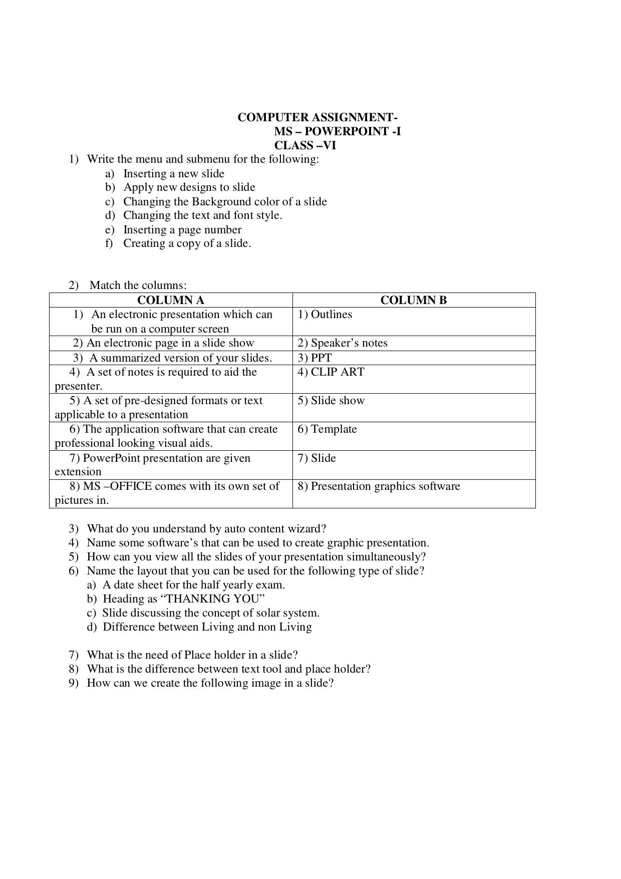 CBSE Worksheets for Class 6 Computer Science MS Powerpoint Assignment 4 - Page 1