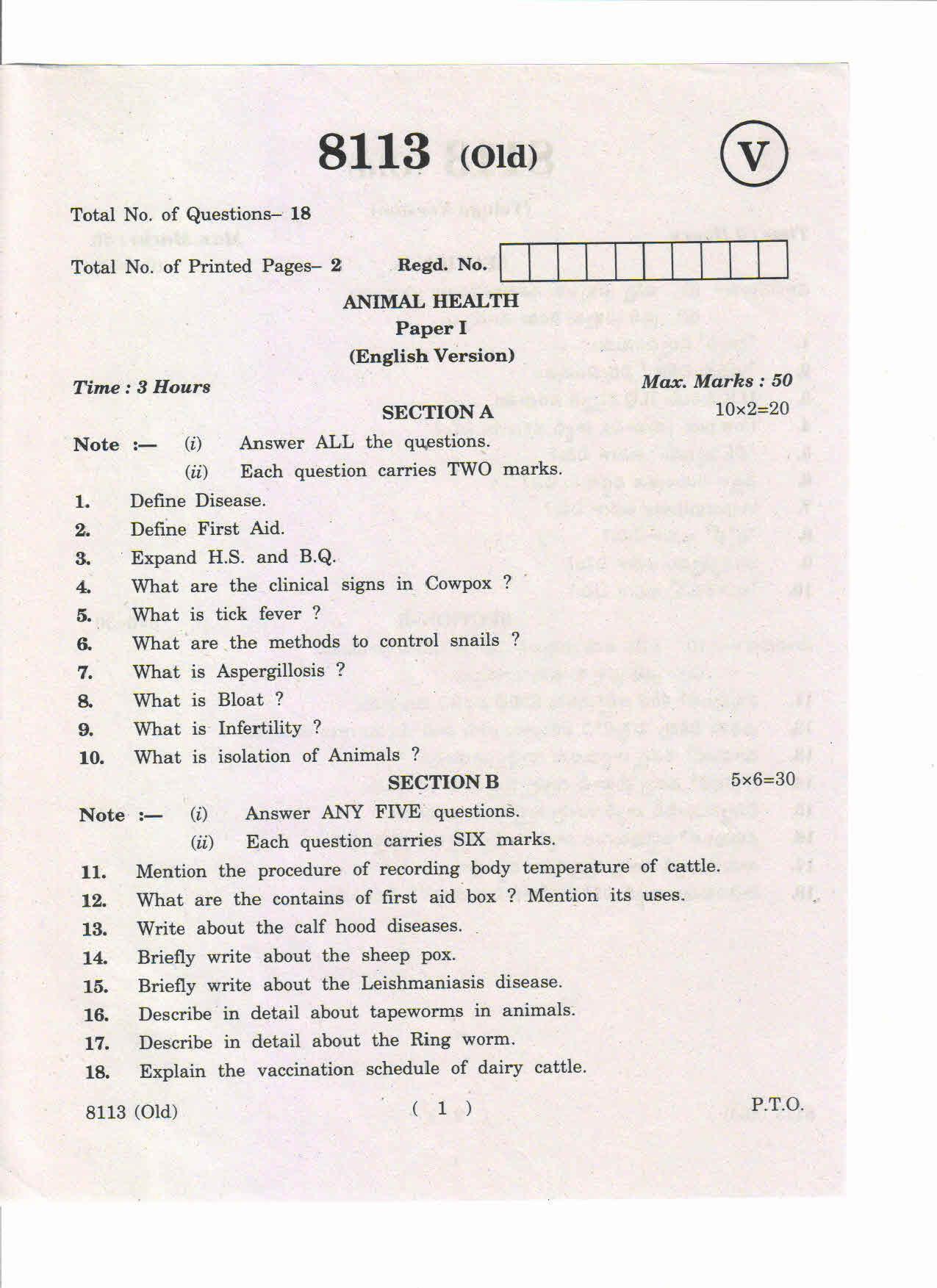 AP Inter 1st Year Animal Health-I (Old) March-2019-Vocational Question Paper - Page 1