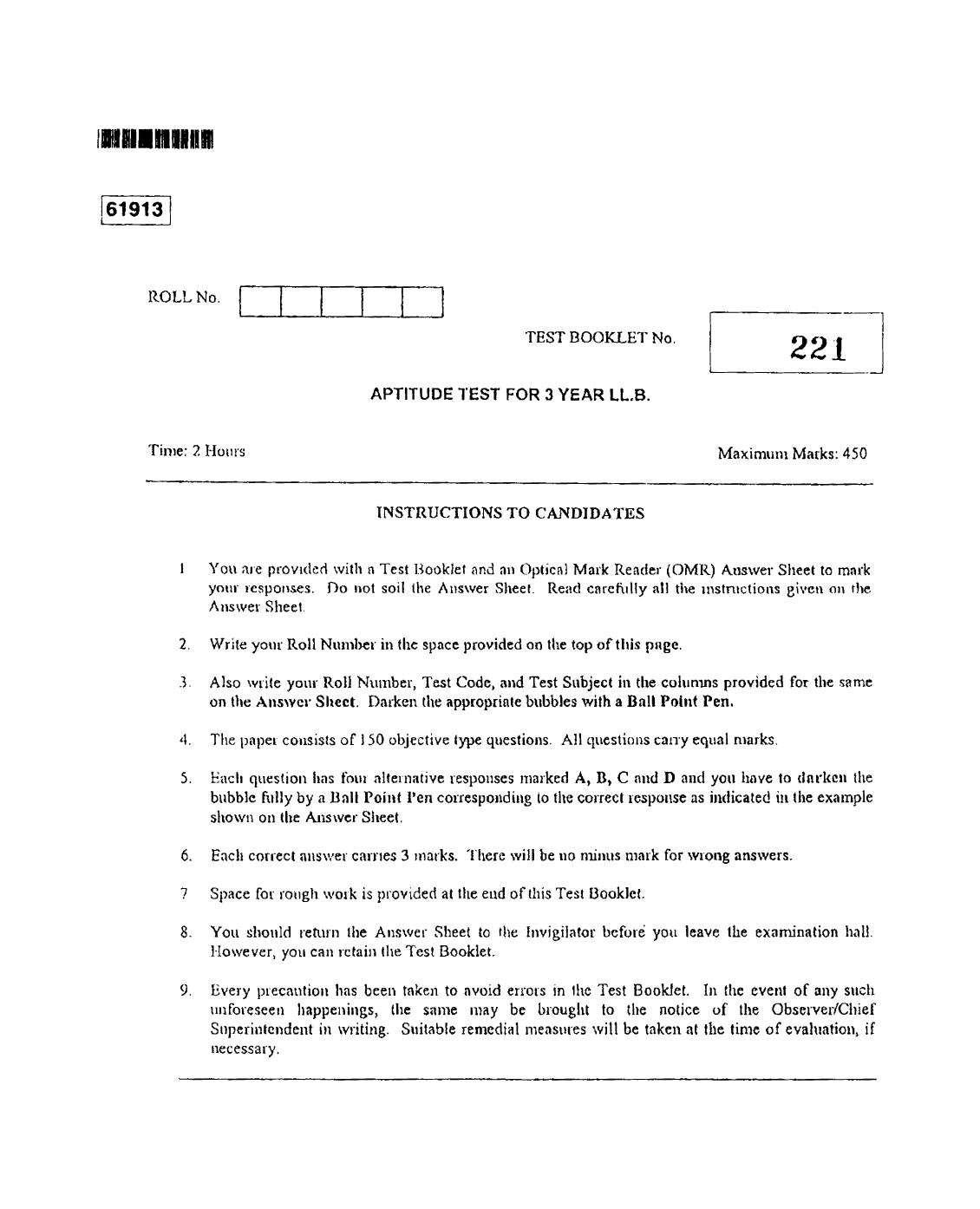 CUSAT CAT 2013 3 YEAR LL.B Question Paper - Page 1