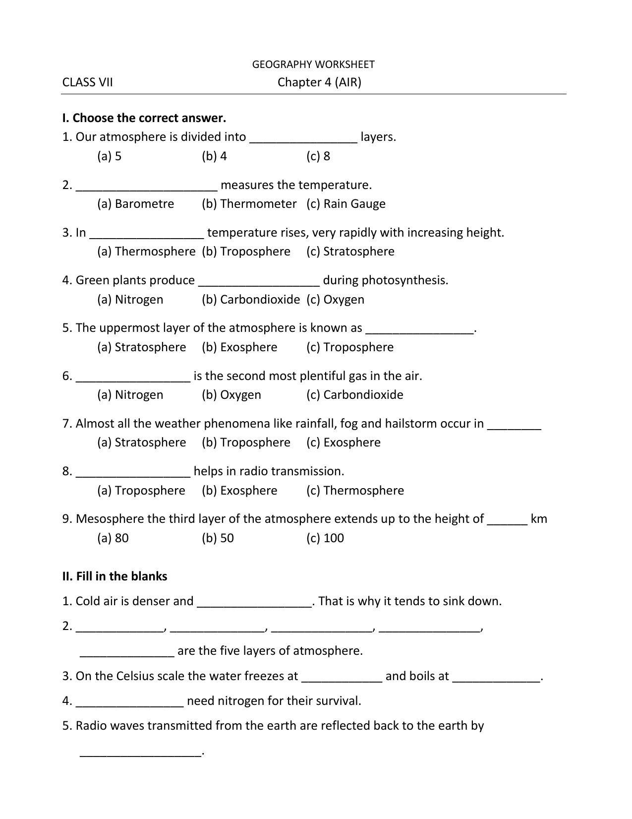 CBSE Worksheets for Class 7 Geography Air Assignment 2 - Page 1