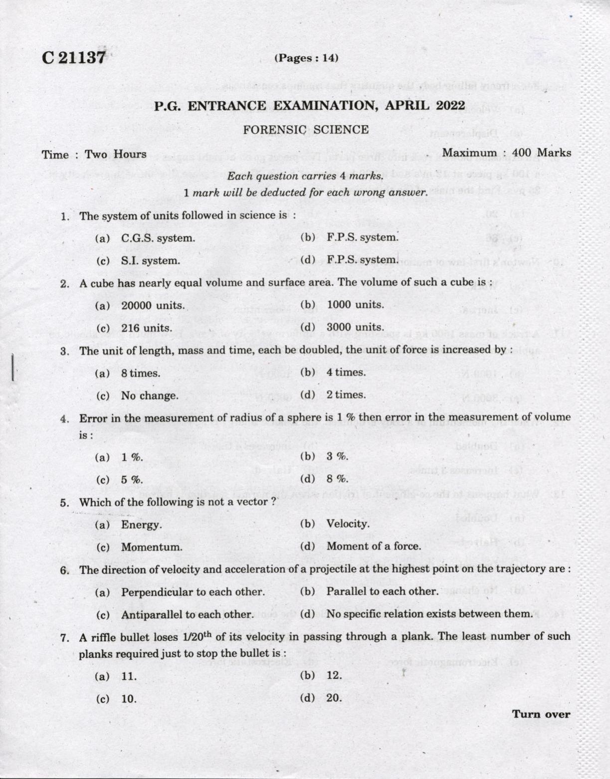 CUCAT 2022 M.Sc Forensic Science Question Paper - Page 1