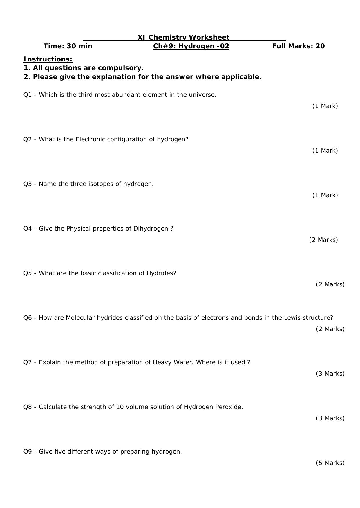 CBSE Worksheets for Class 11 Chemistry Hydrogen Assignment 2 - Page 1